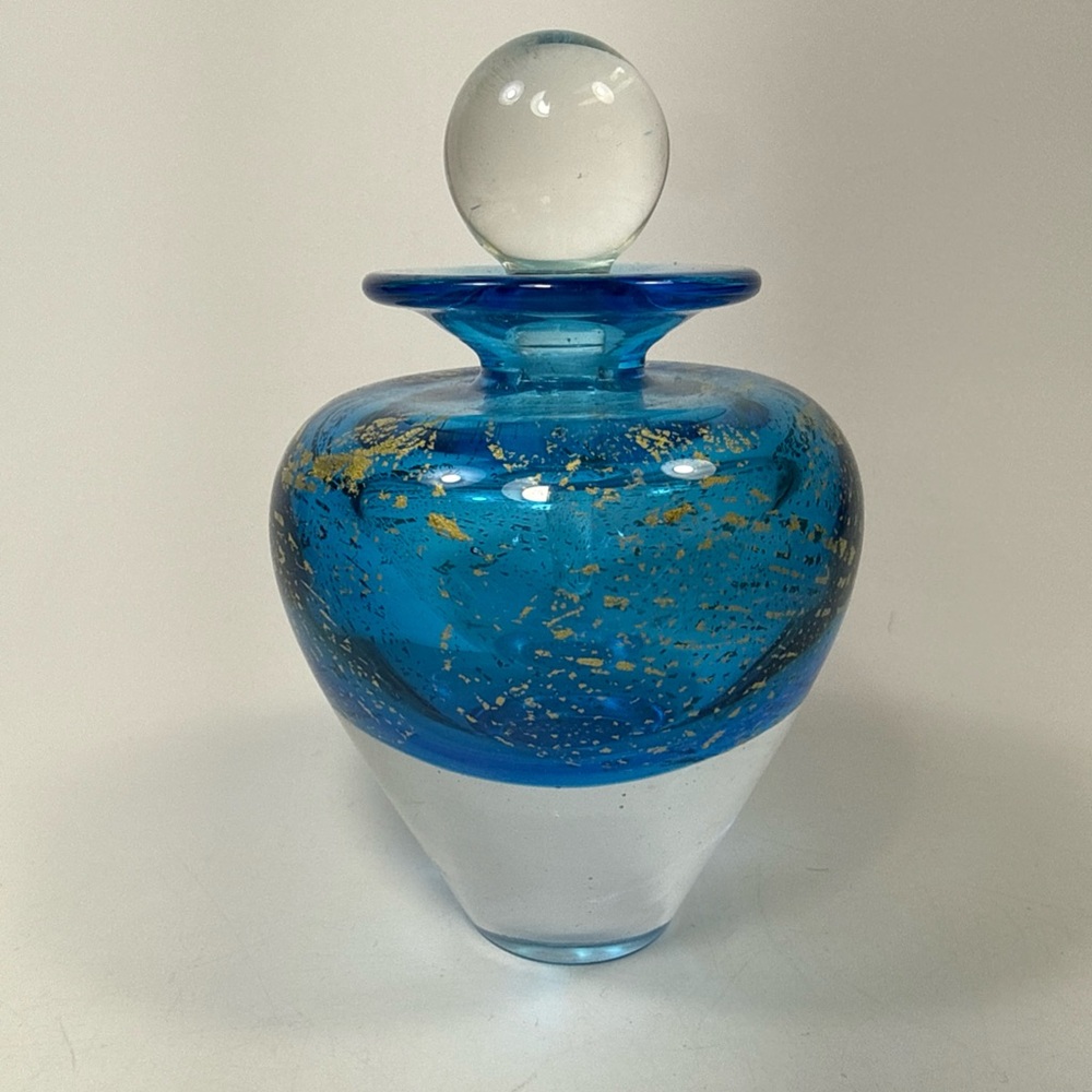 Edward Roman signed Blue and Gold studio Glass Art perfume bottle with dropper.